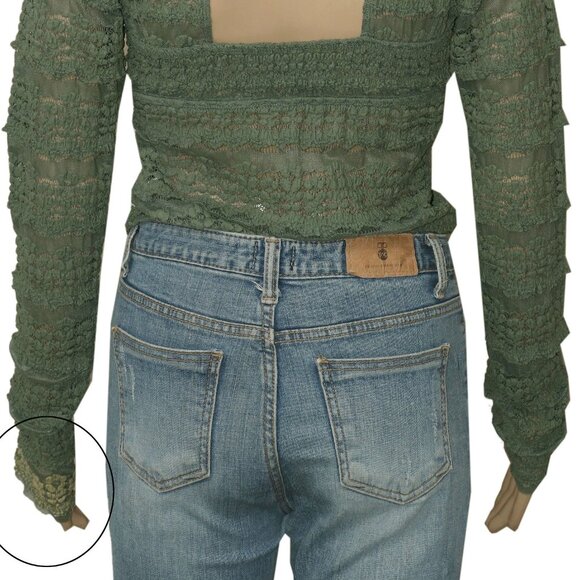 Free People Angelina Bodysuit Army Green Mock Neck Lace Sheer Top L - Picture 4 of 7